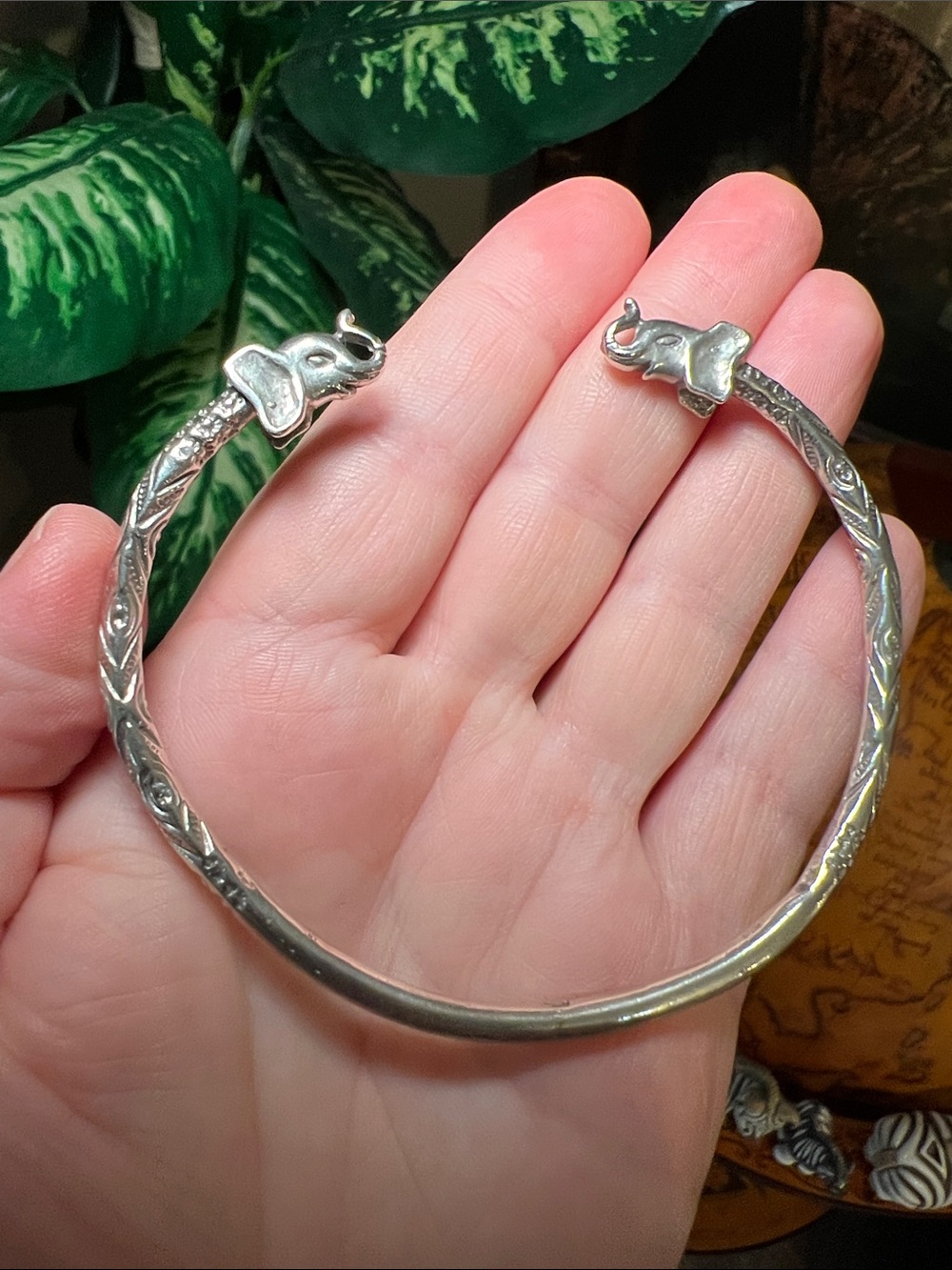 Vintage Embossed Elephant Head Trunks Up Sterling Silver Cuff Bracelet Arm Cuff
